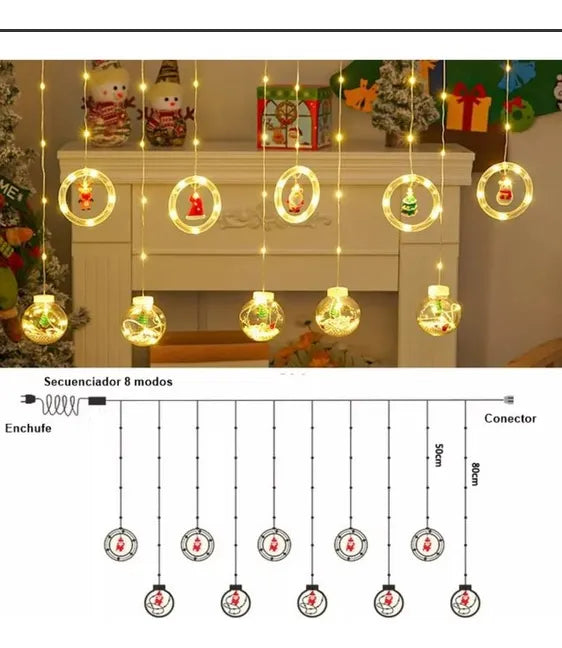 Cortina de Luces de Navidad LED Bolas Y Aros 3m x70cm